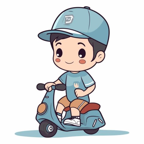 Cute boy riding a scooter of a cartoon character.