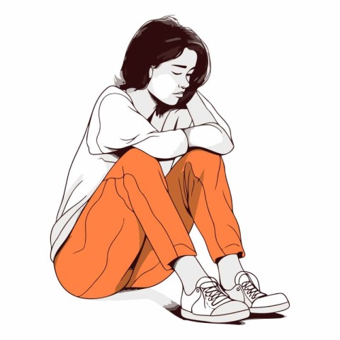 Sad young woman sitting on the floor. Hand drawn vector illustra