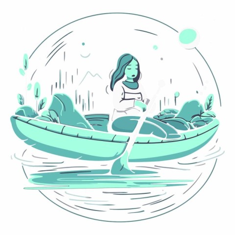 Young woman in a boat on the river in sketch style.