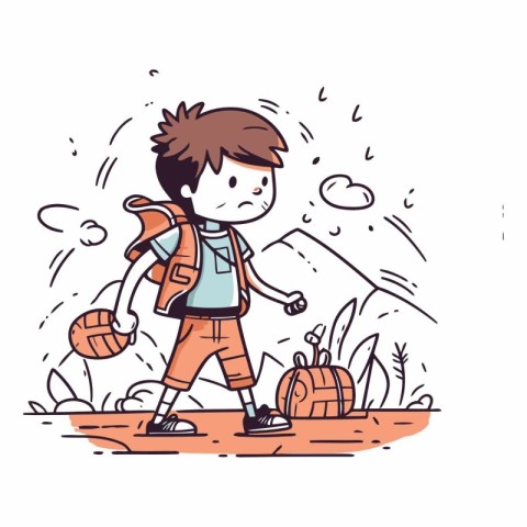 Hiking boy with backpack in doodle style