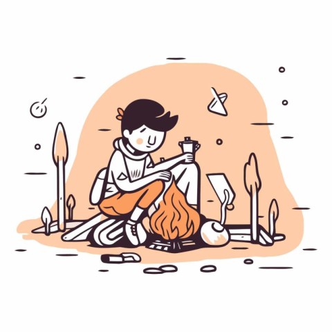 Vector illustration of a boy sitting by the campfire and drinkin