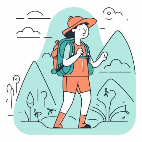 Vector illustration of a girl with a backpack hiking in the moun