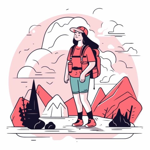 Vector illustration of a girl with a backpack and a cap in the m