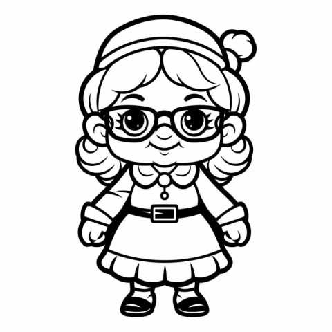 Black and White Cartoon Illustration of Cute Little Girl with Gl