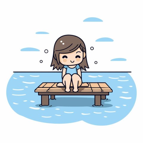 Girl sitting on a pontoon in the sea.