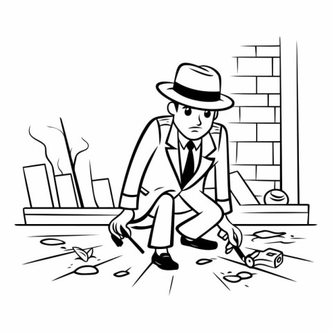 Vector illustration of a man in a hat sitting on the street and