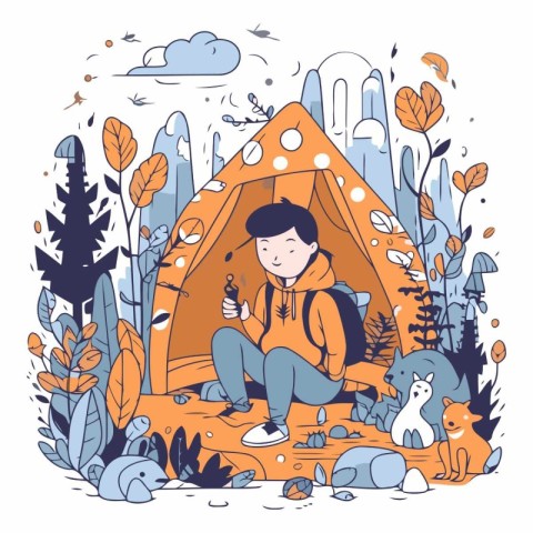 Vector illustration of a young man sitting in a tent in the park