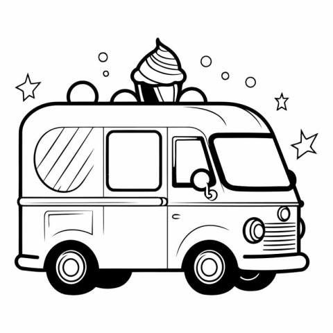 Van with ice cream icon in black and white vector illustration g