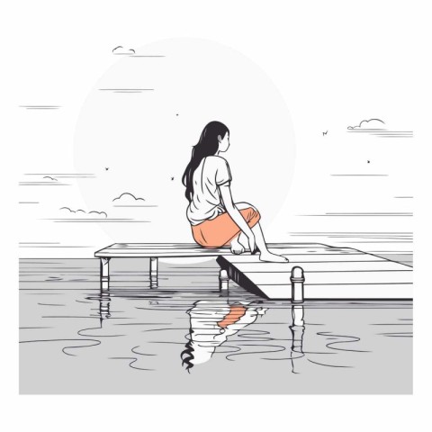 Girl sitting on the pier and looking at the sea.