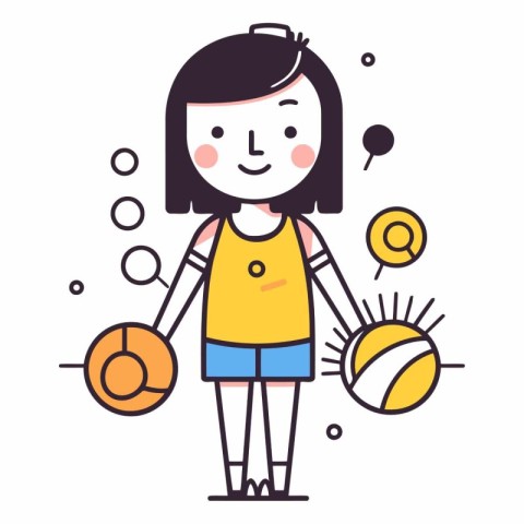 Cute little girl playing volleyball in thin line style.