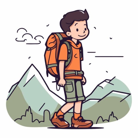 Hiking boy with backpack on the mountain in cartoon style