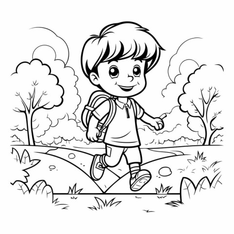 Coloring Page Outline Of a Cute Little Boy Walking in the Park