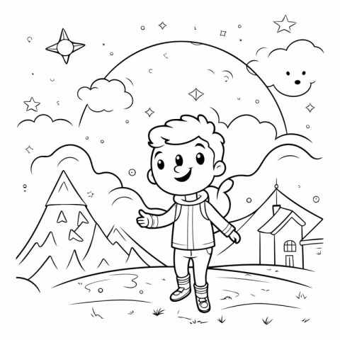 Coloring Page Outline Of cartoon little boy in the mountains.