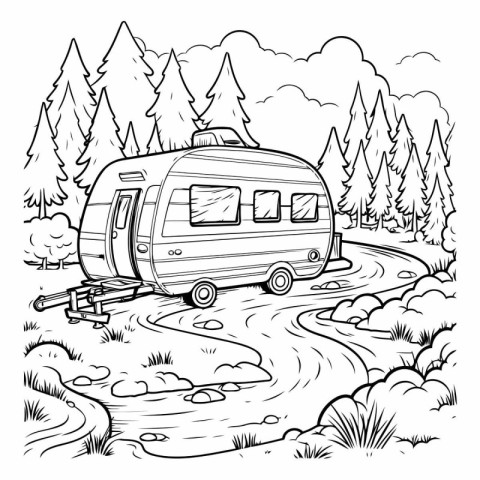 Camping trailer in the forest for coloring book.