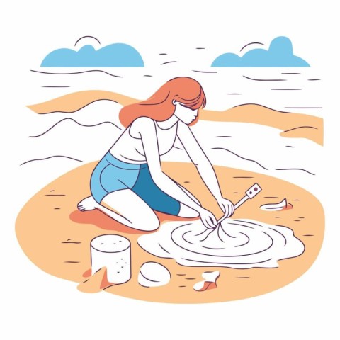 Young woman draws on the sand in cartoon style.