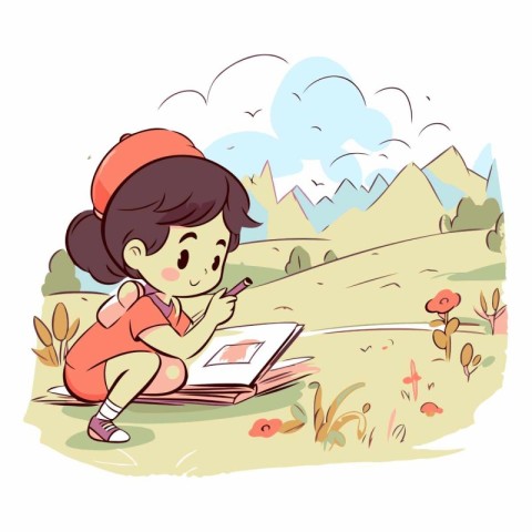 Illustration of a Little Girl Reading a Book in the Countryside