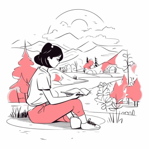 Girl reading a book in the park. Vector hand drawn illustration.