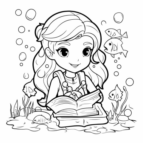 Coloring Page Outline Of a Cute Little Girl Reading a Book