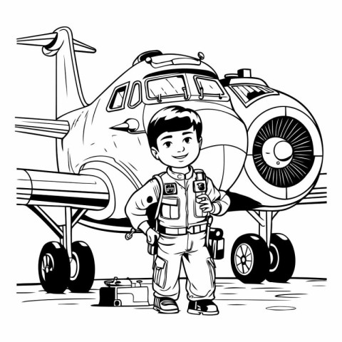 Cartoon illustration of a boy pilot standing next to his airplan