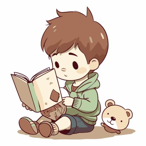 Illustration of a Little Boy Reading a Book and a Teddy Bear