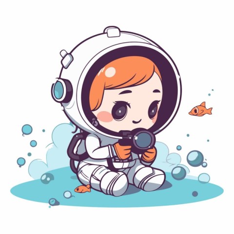 Cute little girl in astronaut suit with binoculars.