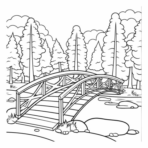 Bridge over the river. black and white vector illustration. colo