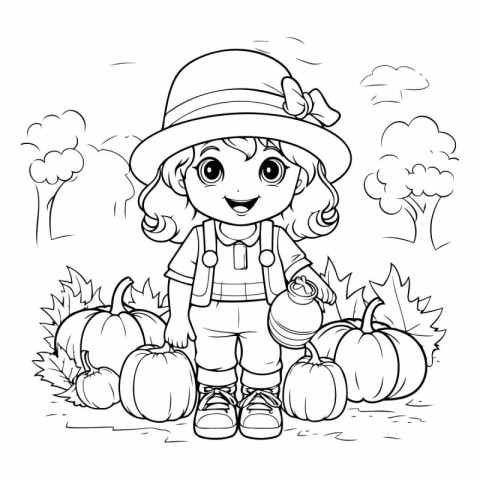 Coloring Page Outline Of Cute Little Girl Farmer With Pumpkin