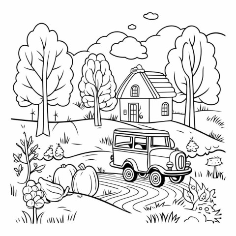 Vintage car in the countryside. Black and white vector illustrat