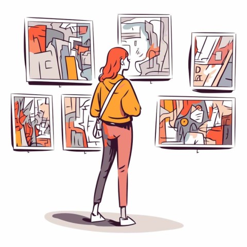 Young woman looking at paintings in museum in cartoon style