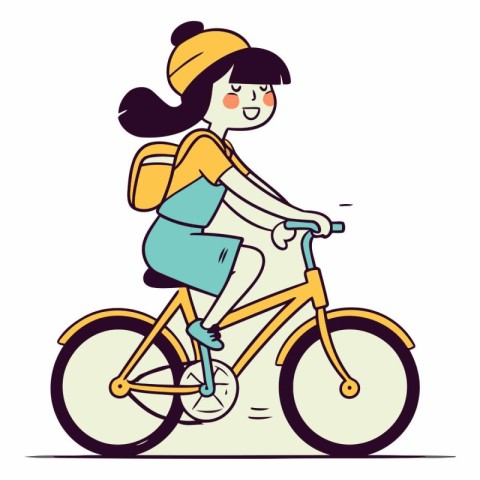 Young woman riding a bicycle in flat cartoon style.