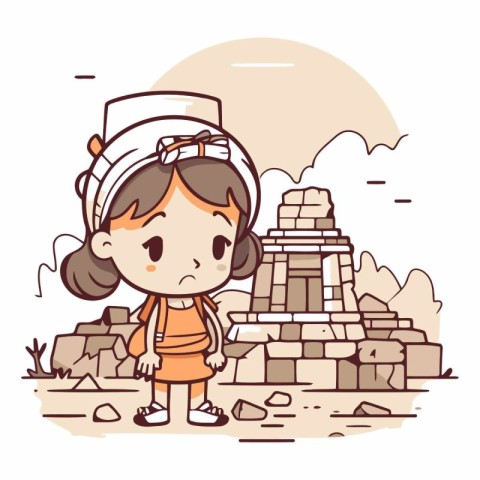 Little girl in the pyramids in cartoon style.