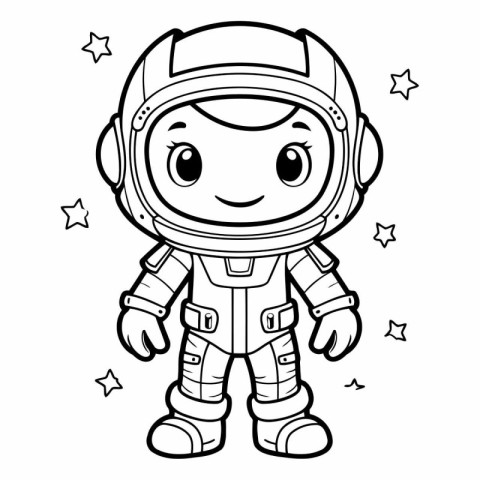 Black And White Cartoon Illustration of Cute Astronaut Character