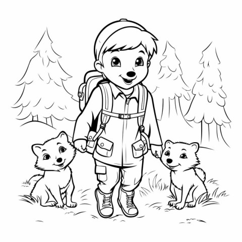 Boy hiking with his dogs. sketch for your design