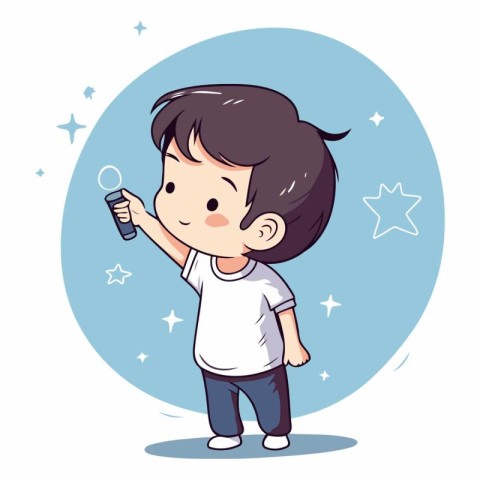 Little boy holding a remote control in cartoon style.