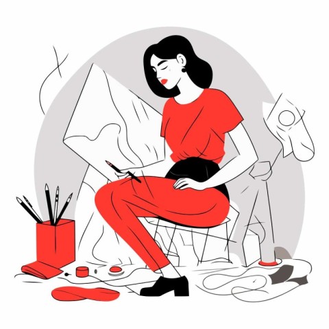 Vector illustration of a young woman in a red dress sitting on a