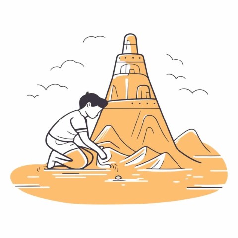 Vector illustration of a man building a lighthouse on the seasho