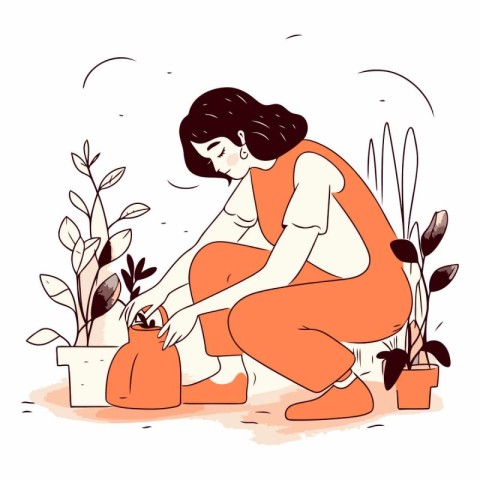 Girl watering houseplants in doodle style