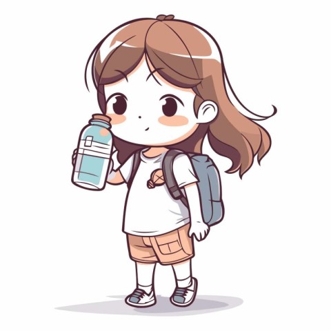 Cute little girl with backpack and water bottle.