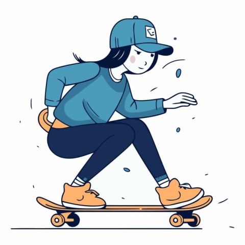 Skateboarder girl in cap riding on skateboard.