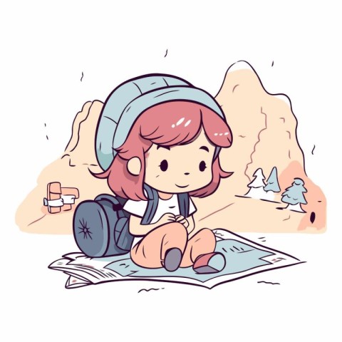 Illustration of a Cute Little Girl Reading a Map While Hiking