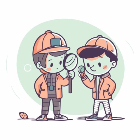 Cute kids holding magnifying glass in cartoon style.