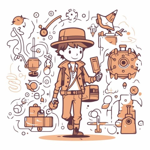 Vector illustration of a boy in a detective costume. Cartoon sty