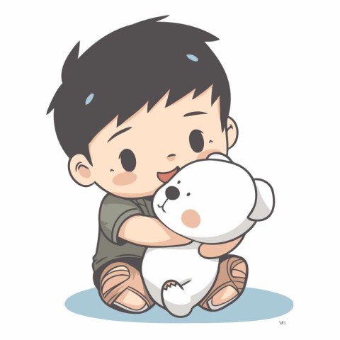 Cute boy playing with a snowman. vector cartoon illustration.