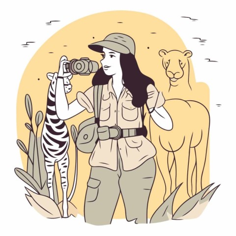 Vector illustration of a girl with a camera and a zebra.