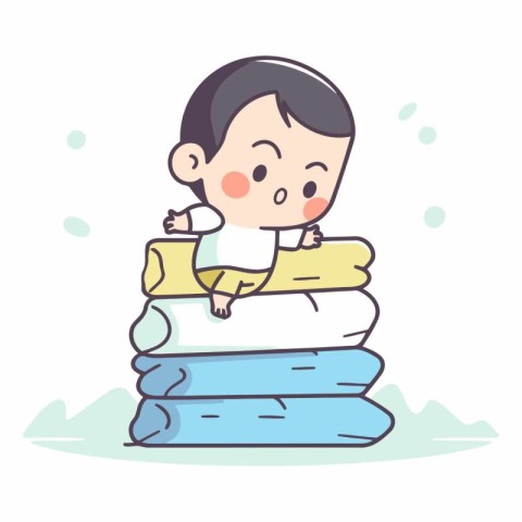 Illustration of a baby boy lying on a stack of towels.