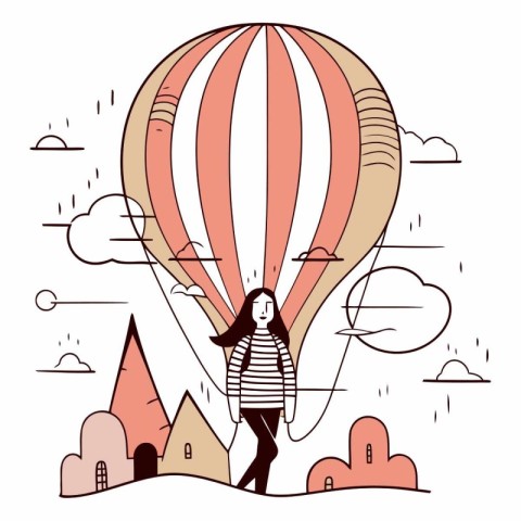 Cute girl flying in hot air balloon.