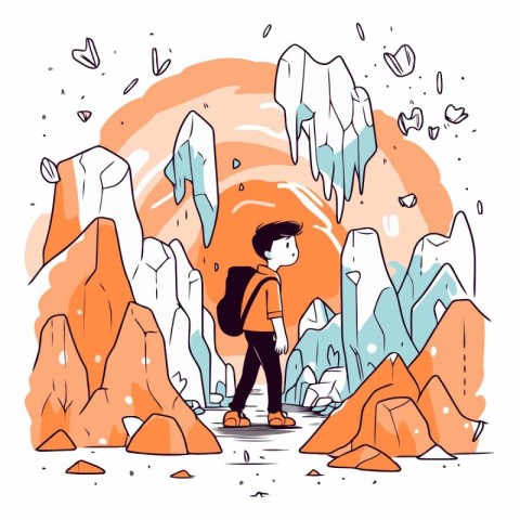 Vector hand drawn illustration of a boy hiking in mountains. Car