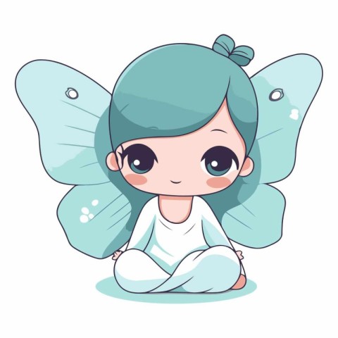 Cute little girl with butterfly wings in cartoon style.