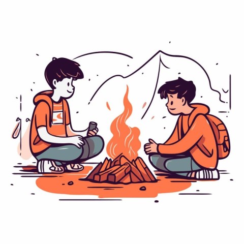 Camping in the mountains of two boys sitting near the campfire.