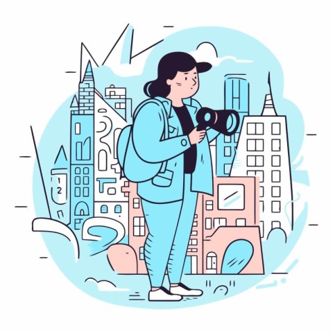 Photographer with camera in the city in flat style